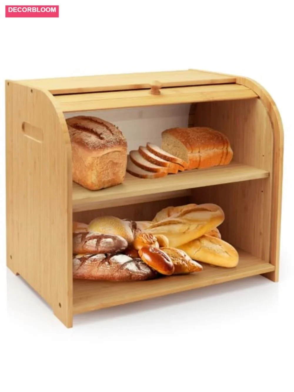 Two Layer Roll Top Bamboo Bread Box for Kitchen Countertop Storage